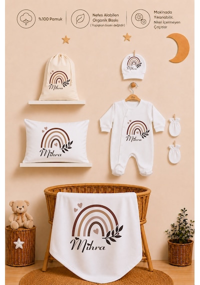 Pia Baby İsme Özel %100 Pamuk Kız Bebek Yastık Battaniyeli Tulum Set Kese Hediyeli 1088tybk3x Krem