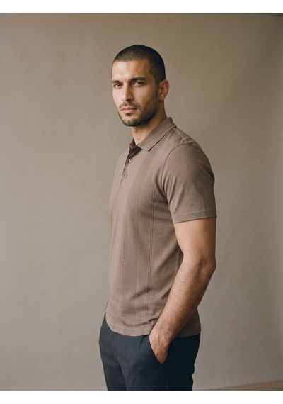 Maccali Erkek Kahve Dikey Desen Panelli Polo Yaka Tişört Kahverengi