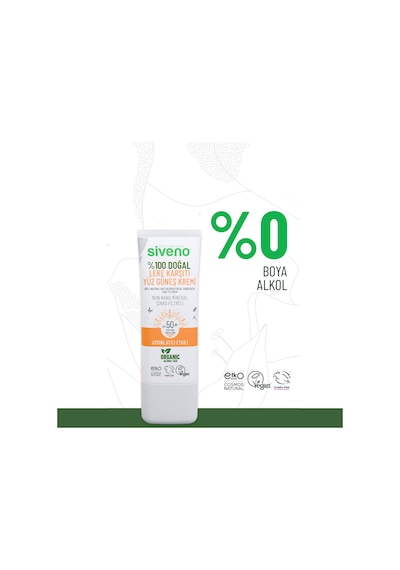 Siveno %100 Doğal Yüz Güneş Kremi Leke Karşıtı Aydınlatıcı Çinko Mineral Filtre UVA UVB SPF 50+ 30 ML