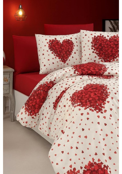 Lüks%80 Pamuklu Çift Kişilik Nevresim Takımı Seti Yorgan Kılıfı Kırmızı Kalp Desen 220x200 Cm + Lastikli Battal Boy Çarşaf 180x200x30 Cm +2 Yastık Kılıflı 50x70 Cm Çok Renkli