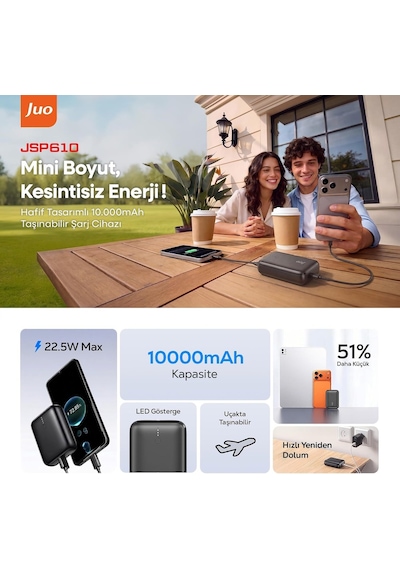 Tr 10000mah 22.5w Usb-a + Usb-c Powerbank Taşınabilir Hızlı Şarj Cihazı Siyah