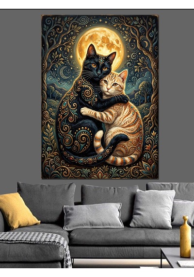 Ay Işığında Sarılan İki Kedi Dekoratif Kanvas - Mdf Ahşap Tablo