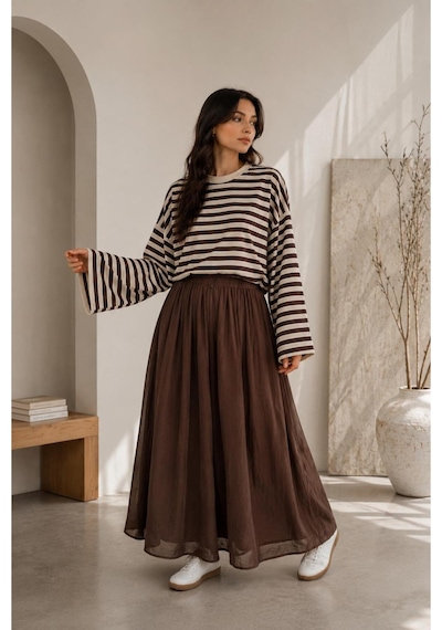 Herkesemoda Çizgili Waffle Kumaş Kadın Body Kahverengi
