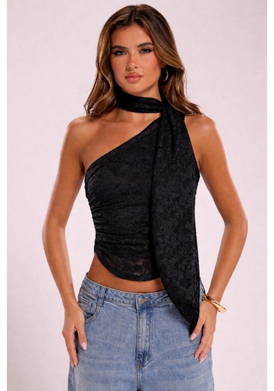 Meren Like Your Style Dantel Detaylı Tek Omuz Şal Detaylı Tek Omuz Crop Bluz Siyah