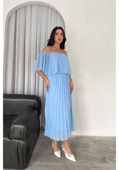 Dipmoda Kadın Madonna Yaka Piliseli Şifon Elbise Dpk2099 Bebe Mavisi