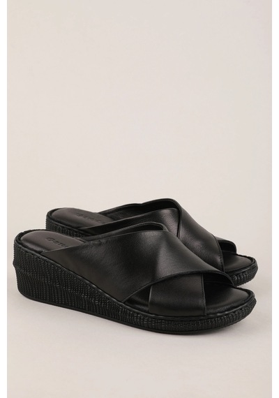 Gondol Hakiki Deri Dolgu Topuklu Günlük Çapraz Bant Terlik Rh.043 Siyah