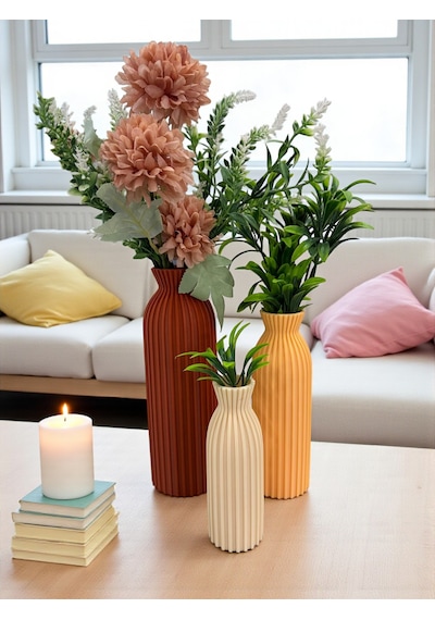 3 Lü Renkli Dekoratif Vazo Seti-şık Ve Estetik -minimalist Vazo Seti-minimal Masa-salon Aksesuarı Kahverengi Krem Şeftali