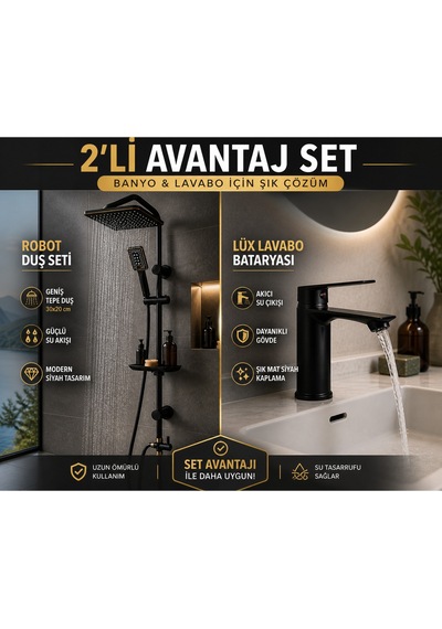 Lüx Siyah Tepe Yağmurlama Robot Duş Seti Siyah Lavabo Bataryası 2'li Avantaj Set Modern Tasarım Set