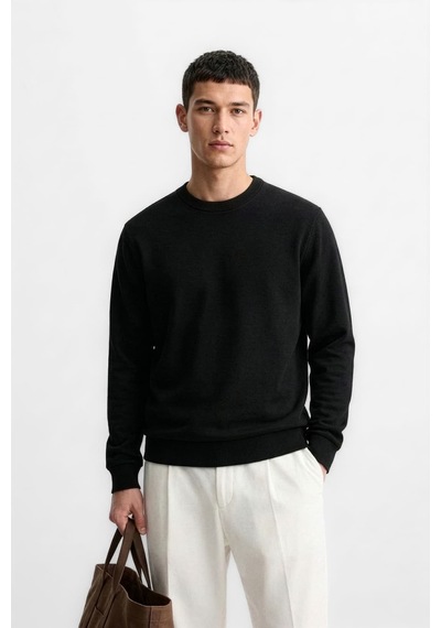 Markapia Erkek Bisiklet Yaka Düz Sweatshirt Siyah