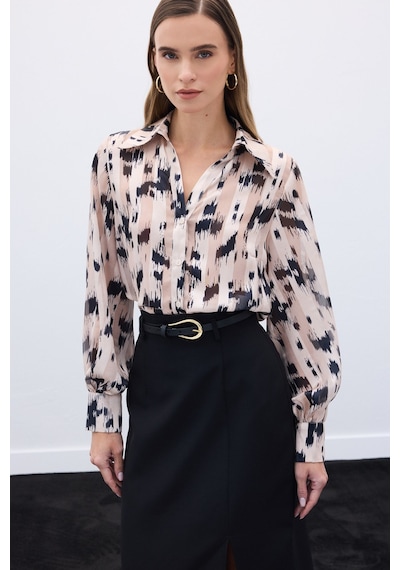 Sateen Geniş Manşetli Desenli Gömlek - Bej-136584 Bej