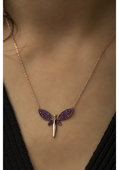 Papatya Silver Fuşya Taşlı Rose Yusufçuk Gümüş Kolye