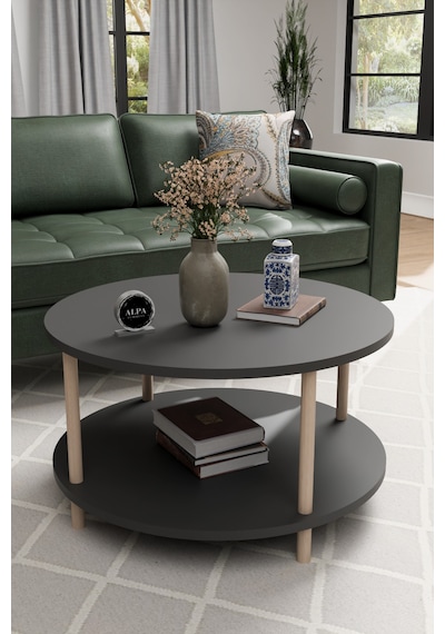 Alpaevmobilya Modern Yuvarlak Orta Sehpa 60 Cm 2 Raflı Ahşap Ayaklı Çok Amaçlı Organizer Sehpa Antrasit