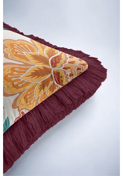 Boho Çiçek Motifli Saçaklı Yastık Kılıfı-tropik Botanik Retro Turuncu Bordo Püsküllü Kırlent Kılıfı Haki