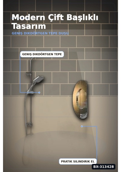 Krom Kaplama 5+1 Fonksiyon Robot Tepe Duş Seti - 2 Başlıklı Banyo Takımı Bx-313428 Açık Ahşap