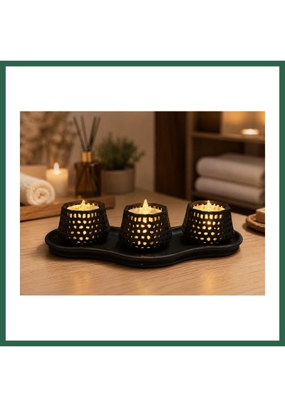 Bezos 3d Baskı Dekoratif Mumluk Seti - Desenli Tealight Ve Masaüstü Aydınlatma Objesi-siyah Bzs01