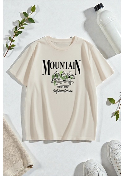 Uyguntarz Unisex Montain Baskılı T-shirt Bej
