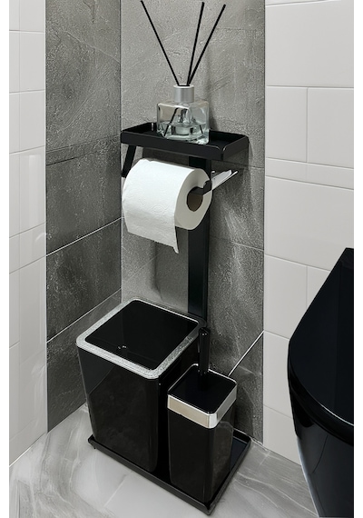 3'ü 1 Arada Banyo Seti Tuvalet Kağıtlık, Çöp Kovası Ve Tuvalet Fırça Takımı Krom - Siyah