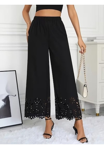 Efnaz Style Kadın Yüksel Bel Beli Lastıklı Çiçek Desenli Lazer Kesım Detaylı Ithal Krep Pantolon siyah