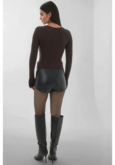 Hiccup Yumuşak Dokulu Slim Fit V Yaka Uzun Kollu Üst Koyu Mocha Kahve