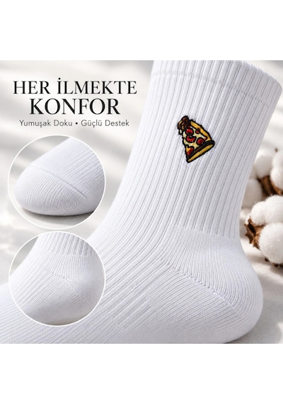 Çorap Giyim Unisex Çorap Beyaz Nakışlı 3'lü Set Pizza Hotdog Hamburger Desenli Uzun Soket Günlük Spor Çorap Seti