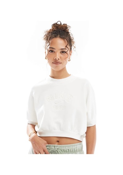 Nike Crop Loose Fit French Terry Short Sleeve Top Kadın Bol Kesim Crop Kısa Kollu Sweatshirt Beyaz Kırık Beyaz