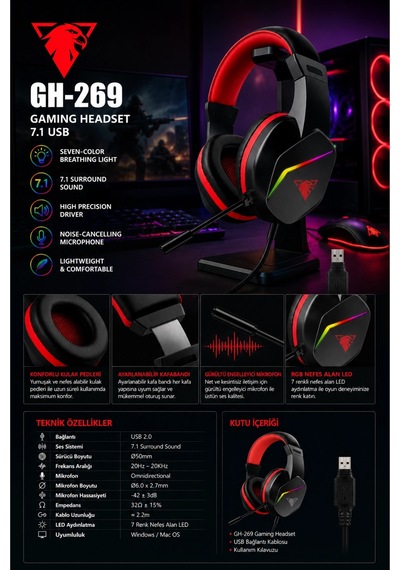 Jedel Gaming Gh-269 7.1 Usb Mikrofonlu Rgb Oyuncu Kulaklığı - Siyah/kırmızı