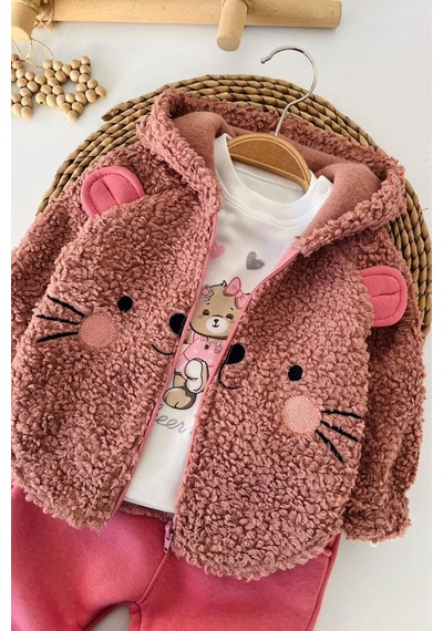Minigimin Cicileri Kedi Figürlü Peluş Ceketli, Baskılı Tişörtlü Ve Fırfır Paçalı Kız Bebek 3 Lü Takım - Gül Kurusu Minigimin Cicileri Kedi Figürlü Peluş Ceketli, Baskılı Tişörtlü Ve Fırfır Paçalı Kız Bebek 3 Lü Takım - Gül Kurusu