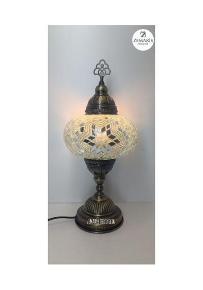El Yapımı Otantik Mozaik Masa Lambası Büyük Camlı Beyaz - 820080860 Beyaz