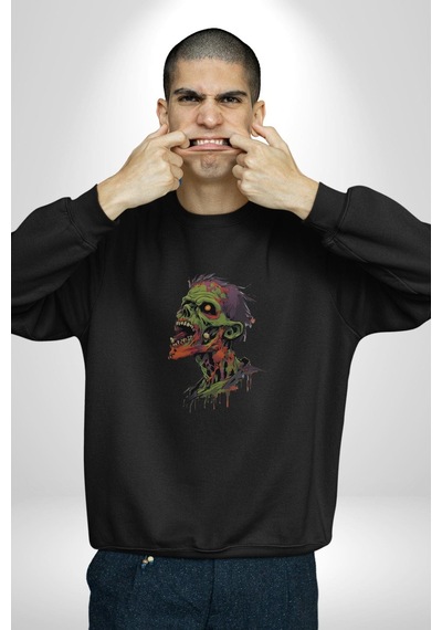 Zombi Kafası Unisex Siyah Baskılı Sweatshirt Siyah