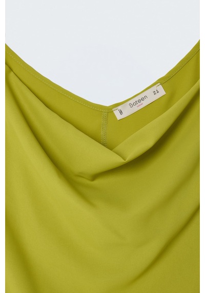 Sateen Askılı Degaje Yaka Bluz - Yağ Yeşili-137660
