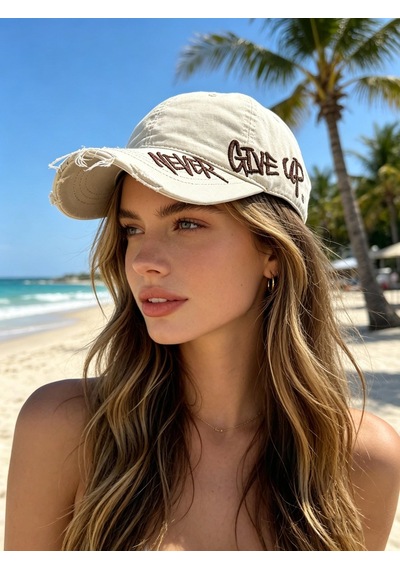 Valkyrie Unisex Krem Never Give Up Nakışlı Baseball Şapka Ayarlanabilir Vintage Streetwear Spor Kep