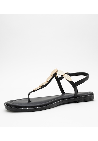 Luvishoes Luvi Shoes Marea Siyah Hakiki Deri Parmak Arası Gold Tokalı Kadın Sandalet Siyah