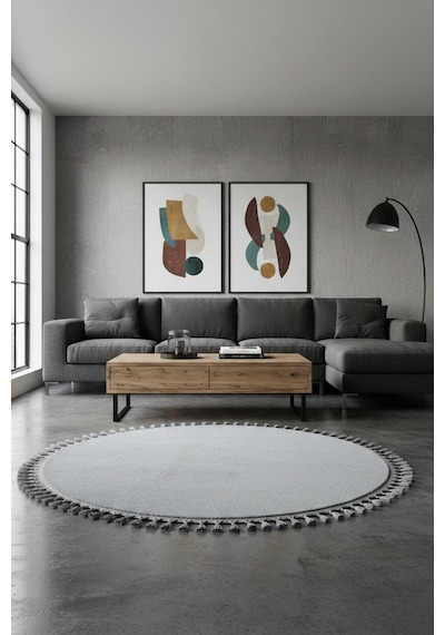 Comfort Yuvarlak Ponpon Saçaklı Peluş Halı Yatak Odası- Çocuk Odası- Antre- Yemek Odası Kaymaz Taban Gri