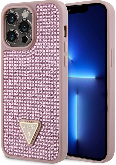Apple Uyumlu iPhone 13 Pro Max Kılıf Guess Lisanslı Taşlı Arka Yüzey Üçgen Logolu Kapak Pembe