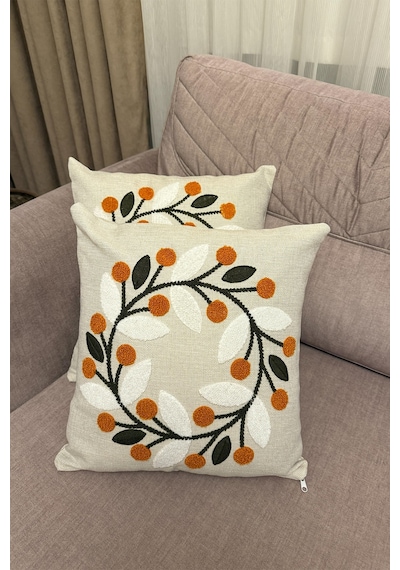 Punch İşlemeli Modern Tasarım Dekoratif 2'li Kırlent Kılıfı Nakışlı Keten 43x43 Cm Turuncu-yeşil-beyaz