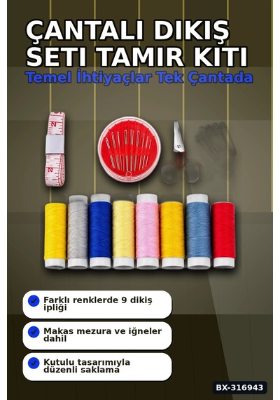 Çantalı Dikiş Seti İplik Mezura Tekstil Makası İğne Ve Yüzük Tamir Kiti Bx-316943