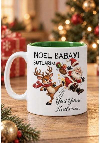 Mesela Yılbaşı Kupası Noel Babayı Şutlarım Desenli Yeşil İçli Hediyelik Kahve Kupa Bardak Beyaz