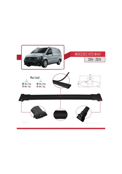 Mercedes Vito W447 2014 Ve Sonrası İle Uyumlu Fly Model Ara Atkı Tavan Barı Siyah 3 Adet Bar