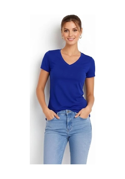 Meleners T-shirt V Yaka Slim Fit Likralı Tişört Günlük Basic Body - İndigo