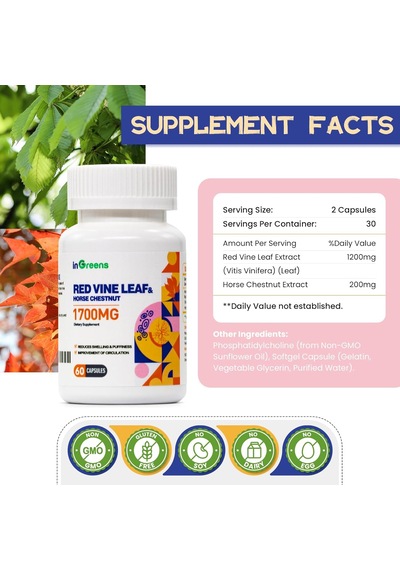 İngreens Red Vine Leaf Extract 1700mg & Horse Chestnut Extract Supports Vein Skin Health 60 Caps