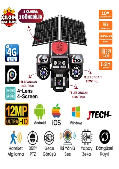 Jtech Jt-s446 3mp+3mp+3mp+3mp 12mp Aov E-sim 4g 2xsolar Panelli 4 Kameralı 3 Ptz Akıllı Kamera