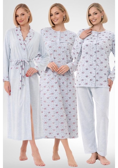 Mecit Pijama Mecit 6319 Mavi Büyük Beden Kadın Sabahlık Pijama Gecelik Set Mavi
