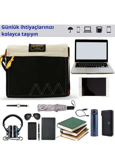 Cappadocia Vintage 4009 Omuz Postacı Siyah Krem 15.6 Laptop Çanta Siyah - Altın