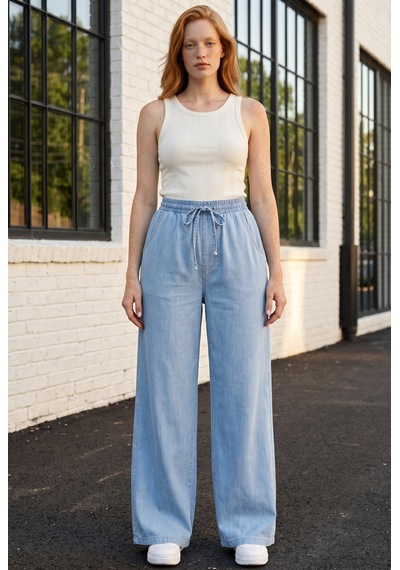 Soulshae Yüksek Bel Beli Lastikli Denim Pantolon Mavi 1