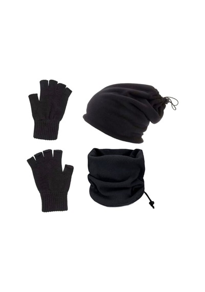 Bawcompany Polar Bere Ve Boyunluk + Yün Eldiven 3'lü Set Polar Bere Ve Boyunluk + Yün Siyah