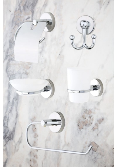 MultiStore Krom 5'li Banyo Aksesuar Seti Tuvalet Kağıtlığı/bornoz Askısı/rulo Havluluk/sabunluk/diş Fırçalık Beyaz