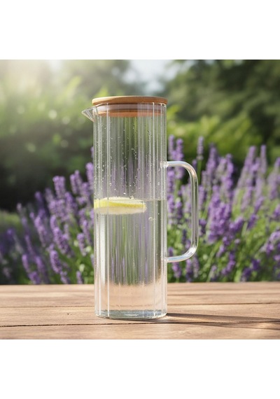 Lexroo 1000ml Bambu Kapaklı Line Borosilikat Cam Yağlık & Sürahi