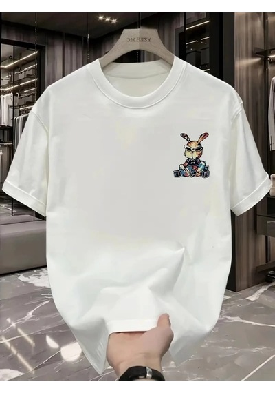 Defymoda Baskılı Oversize Bisiklet Yaka T-shirt - Beyaz
