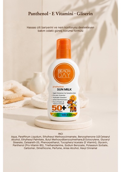 Beach Day Bebek ve Çocuklar için Yüksek Koruyucu Güneş Sütü Spf 50+ 150 ML