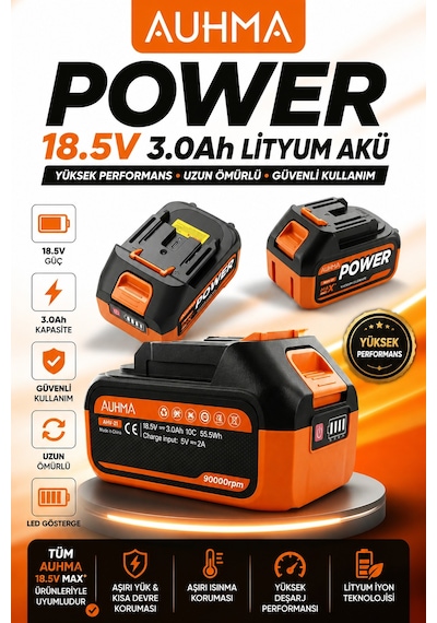 Auhma Ahv-21 18.5v 3.0ah Li-ıon Şarjlı Batarya Type-c Şarj Girişli, Led Göstergeli Yedek Süpürge A Turuncu